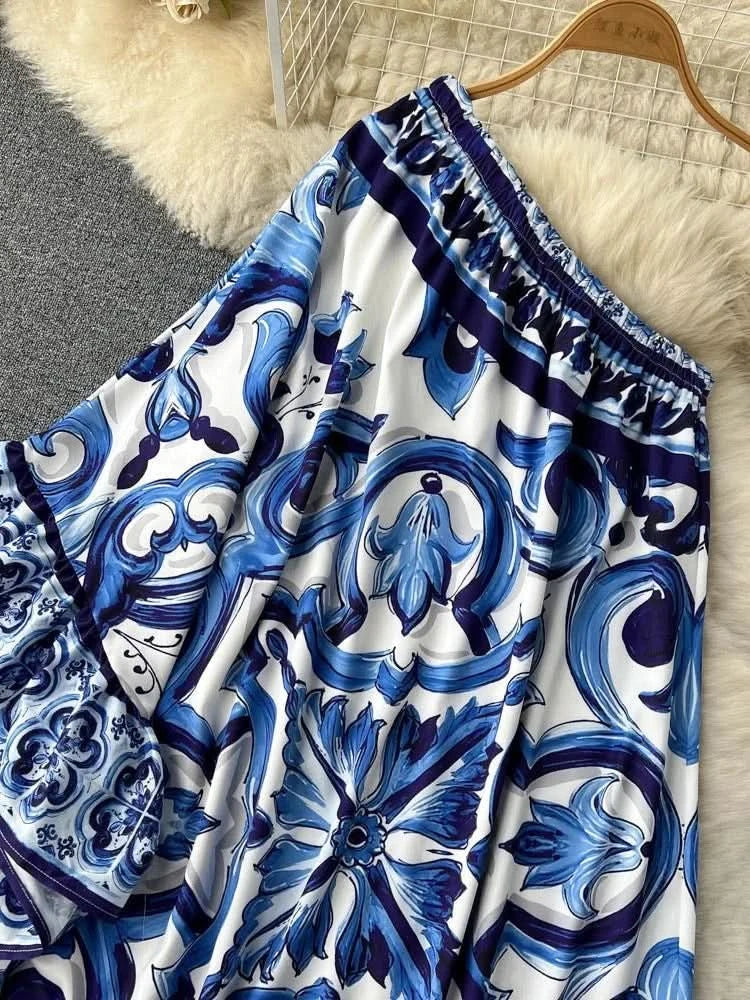 Summer Long Dress Women Runway Blue And White Porcelain Asymmetry Sexy Off The Shoulder Ruffles Hem Loose Robe Maxi Vestidos - M & M Global