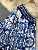 Summer Long Dress Women Runway Blue And White Porcelain Asymmetry Sexy Off The Shoulder Ruffles Hem Loose Robe Maxi Vestidos - M & M Global