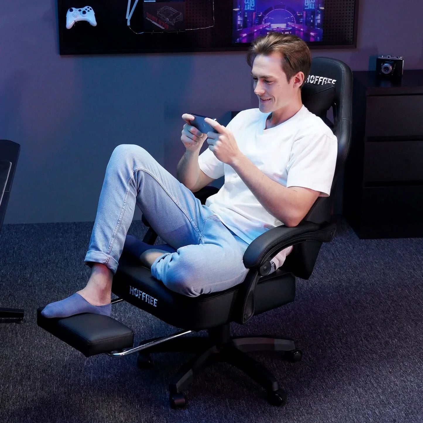 Gaming Chair with bluetooth Speakers RGB LED Lights Ergonomic Massage Video Game Chair with Footrest High Back w/ Lumbar Support
