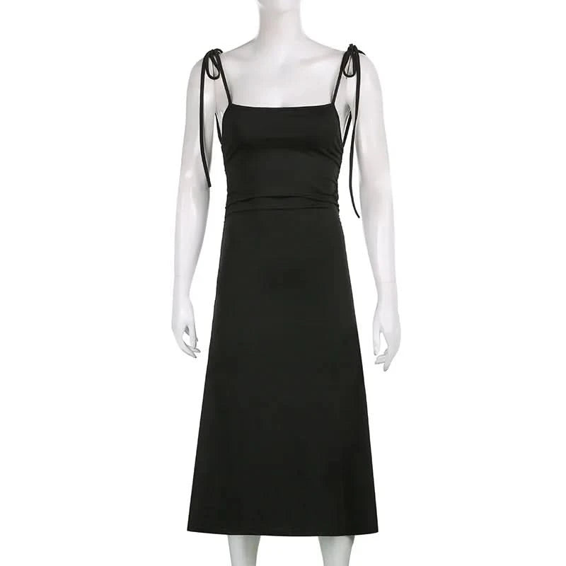 Fashion Strappy Ruched Sexy Black Dress Irregular Elegant Backless Long Dress Party Summer Dresses Women Clothes Vintage Dress - M & M Global