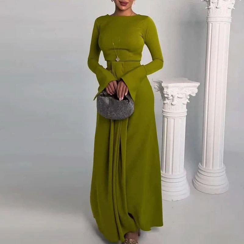 2024 Casual Solid Prom Dress Elegant O Neck High Waist Pleated Commuter Dress New Autumn Fashion Flared Sleeve Split Long Dress - M & M Global