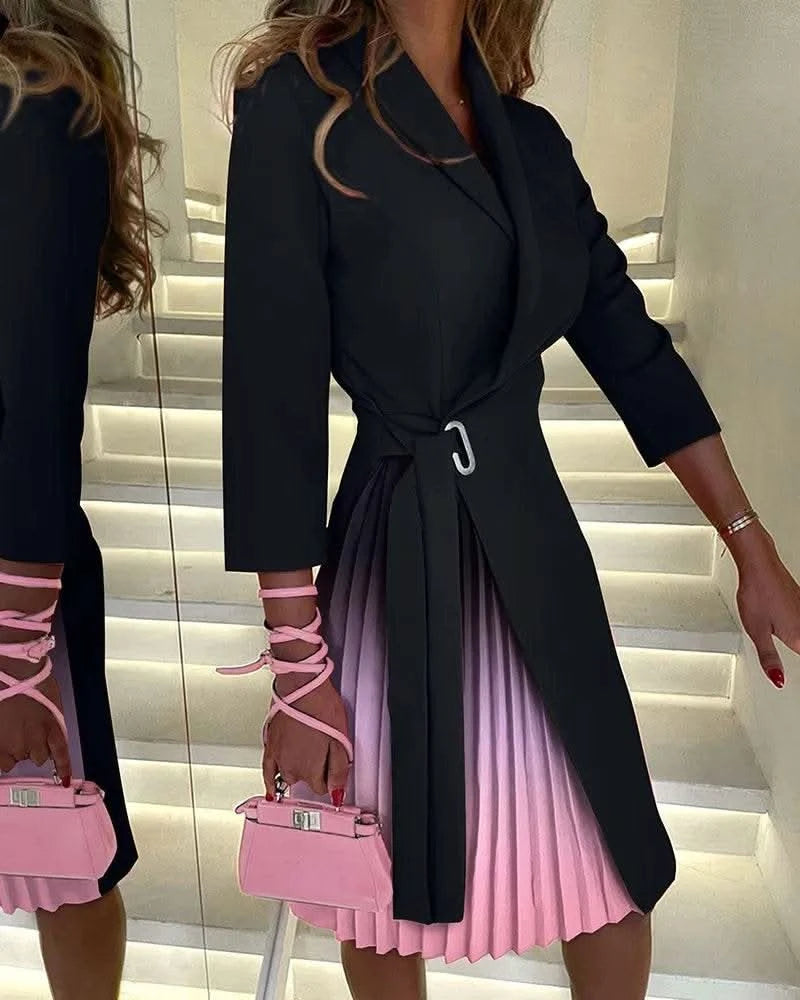 Dresses For Women 2023 Casual Long Sleeve Print Lapel Lace Up Mini Dress Blazer Elegant Office Ladies Vestidos Party Evening - M & M Global