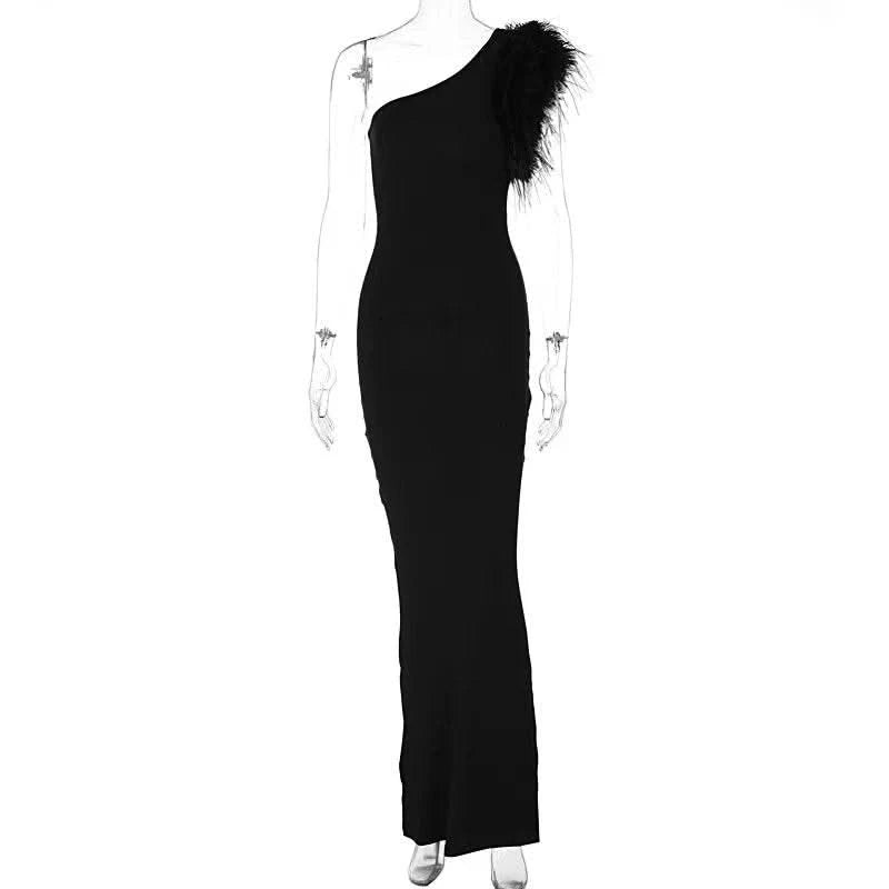 Dulzura Black Sleeveless One Shoulder Maxi Dress For Women Bodycon Sexy Party Elegant Long Dress Birthday Evening Outfit - M & M Global