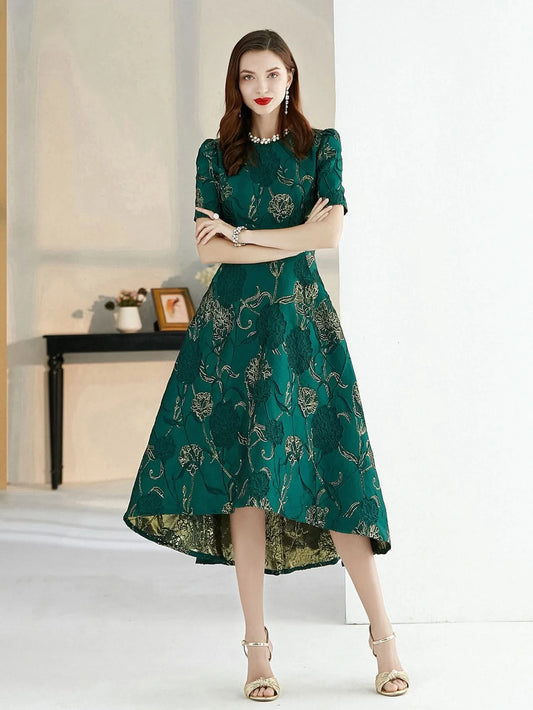 Women Summer Long Dress Elegant Boho Floral Jacquard Flower Dress Irregular Evening Party Dress Lady Ball Gown - M & M Global