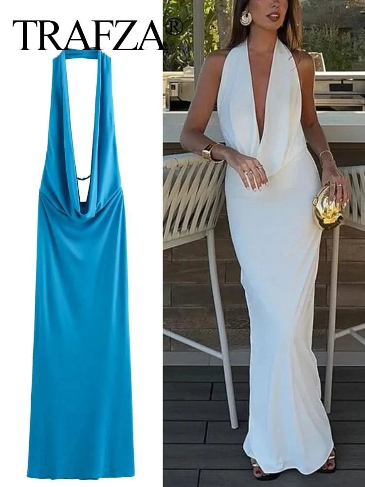 TRAFZA 2024 Woman Halter Off Shoulder Backless Long Dress Female Folded Decoration Hanging Neck V-neck Open Back Evening Dress - M & M Global