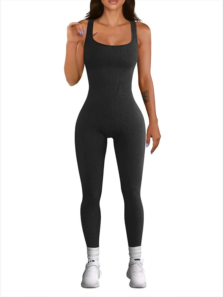 Women's Sleeveless Yoga Jumpsuit Exercise Ribbed Square Neck Vest High Waist  Fitness Sports One-piece Yoga Suit - M & M Global