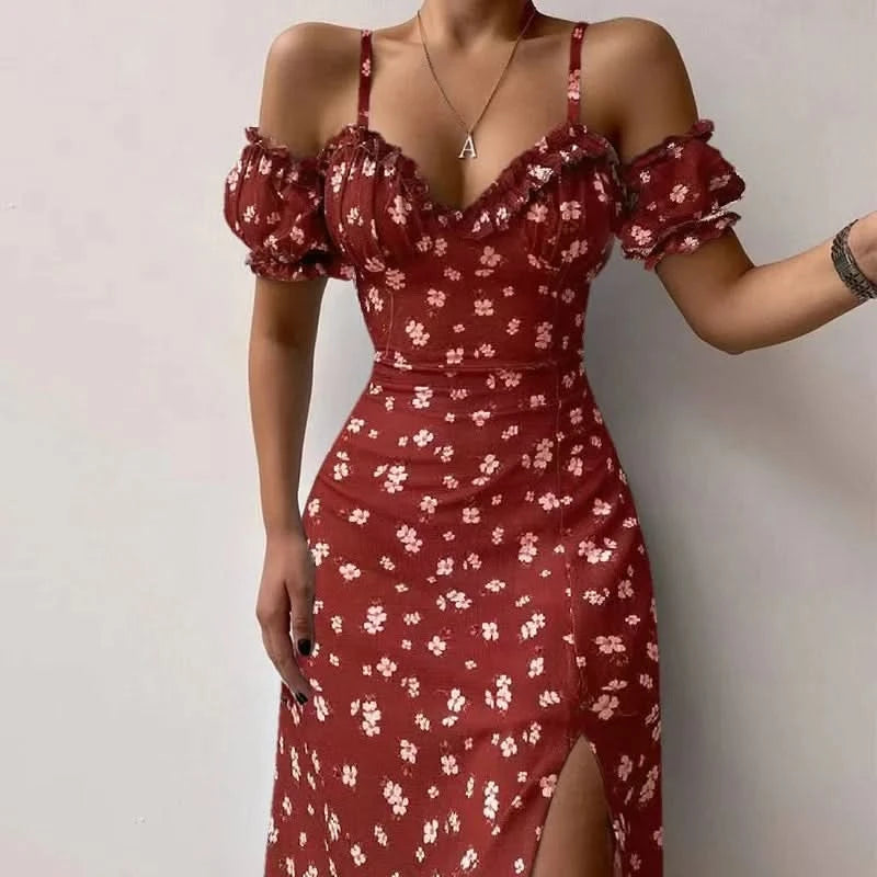 Women Elegant Off Shoulder V Neck Long Dress Sexy Sling Ruffle Strapless Slit Party Dress Spring Floral Print Slim Dress 21764 - M & M Global