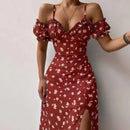Women Elegant Off Shoulder V Neck Long Dress Sexy Sling Ruffle Strapless Slit Party Dress Spring Floral Print Slim Dress 21764 - M & M Global