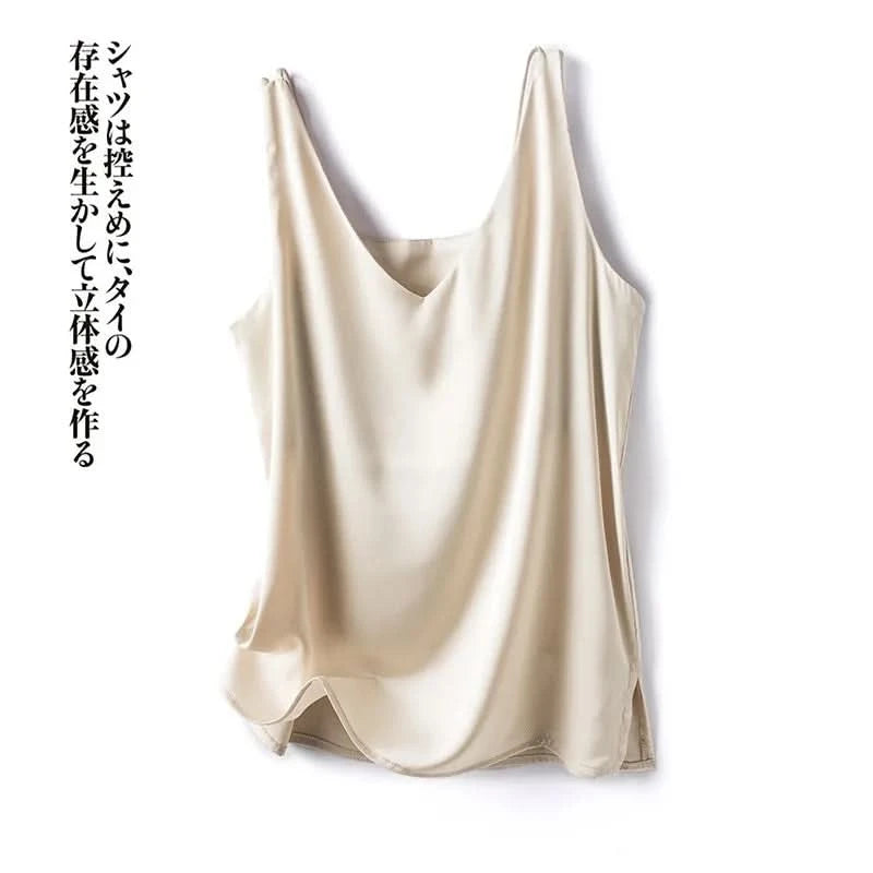 Silk Satin Women Office Lady Double Shoulder Camisole Tank V-neck Sleeveless Top T-shirt Elegant Crop Top Solid Casual Basic New - M & M Global