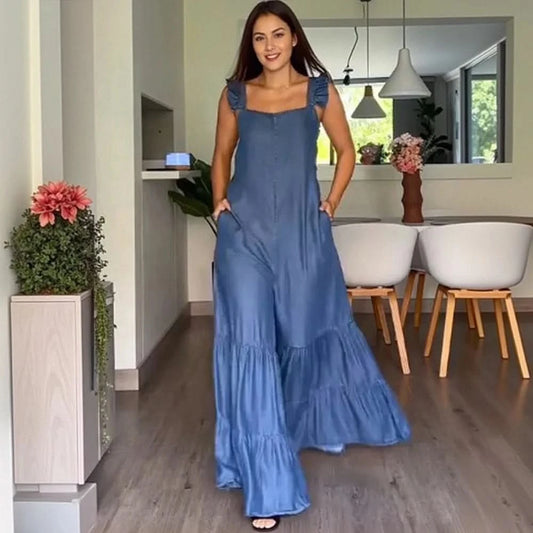 Wefads Women's Summer Sleeveless Jumpsuit Romper Boat Neck Sleeveless Playsuits Wide-Leg Trousers Loose Long Flower Bud Pants - M & M Global