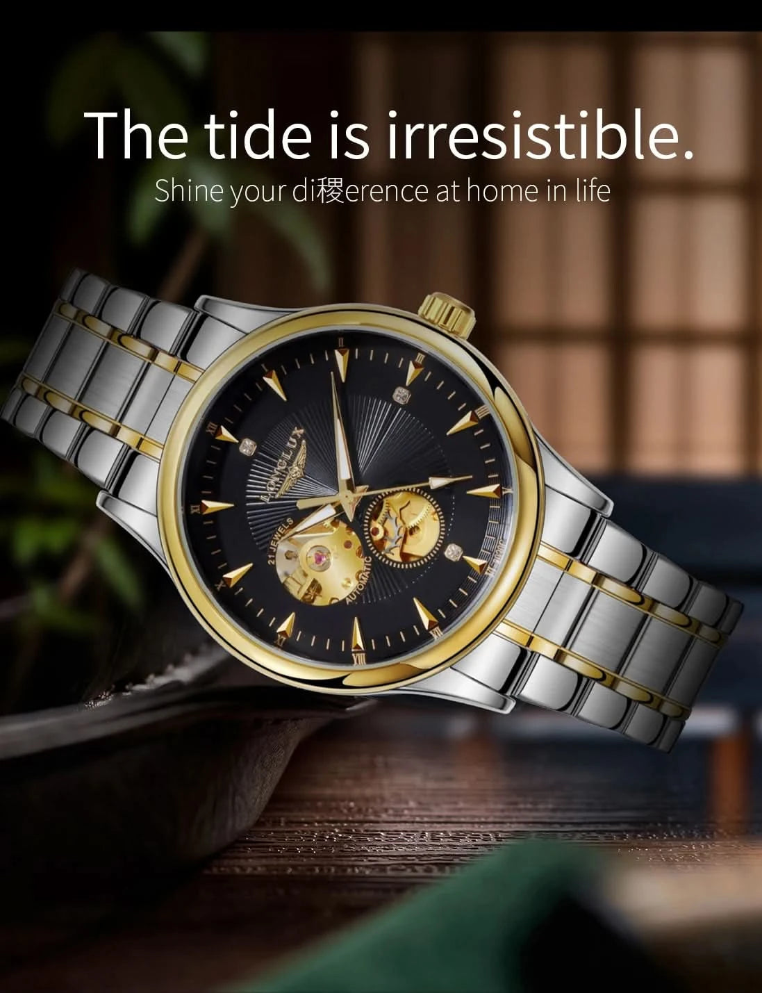 LONGLUX Men automatic mechanical watch elegant luxury watches waterproof skeleton business wholesale stainless steel gift watch - M & M Global