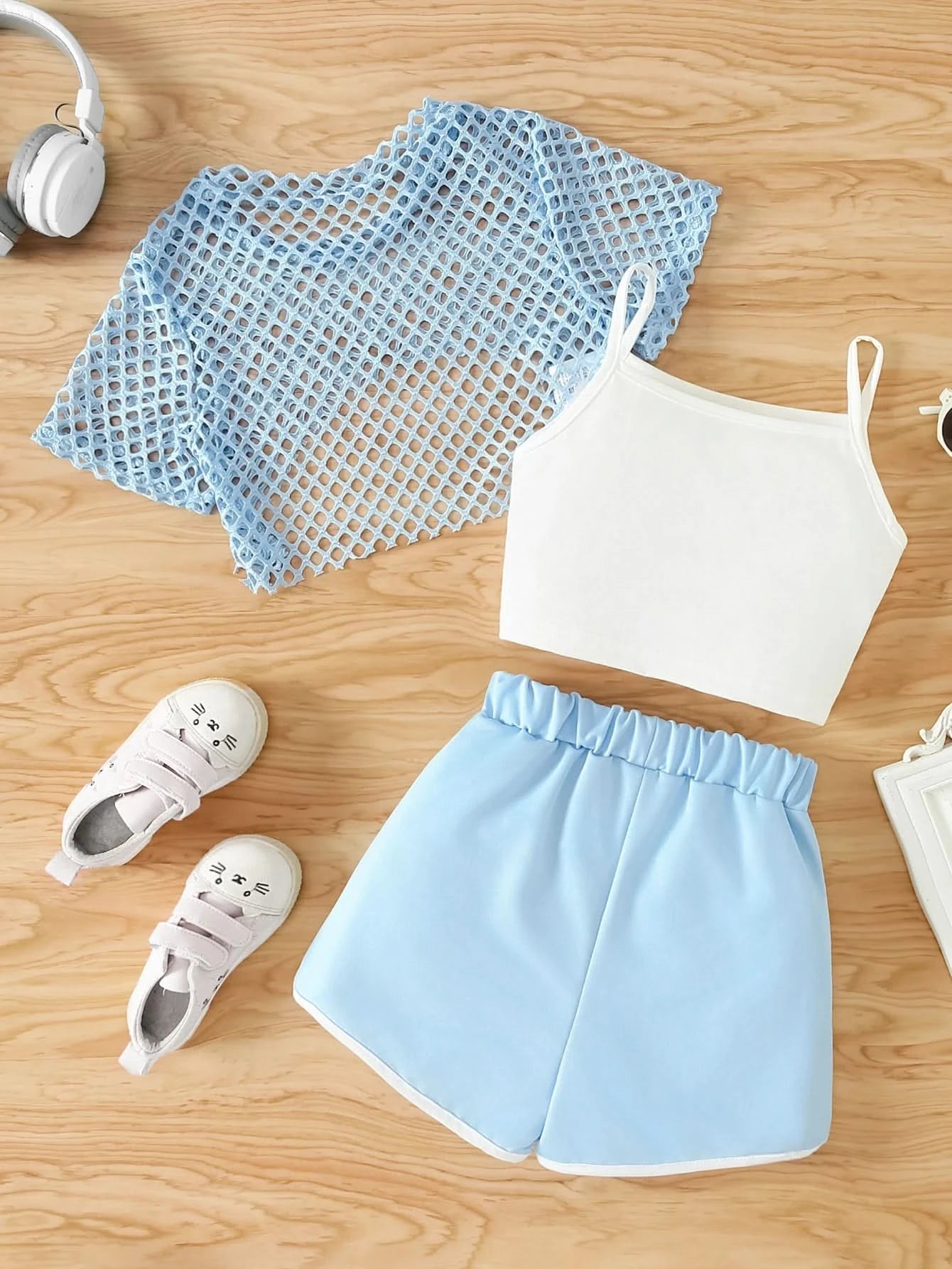 Girls Three-Piece Clothing New Breathable Summer Thin Fashion Short-Sleeved Mesh Top + Letter Printed Short Vest Suspender + Letter Printed Sports Shorts - M & M Global