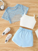 Girls Three-Piece Clothing New Breathable Summer Thin Fashion Short-Sleeved Mesh Top + Letter Printed Short Vest Suspender + Letter Printed Sports Shorts - M & M Global