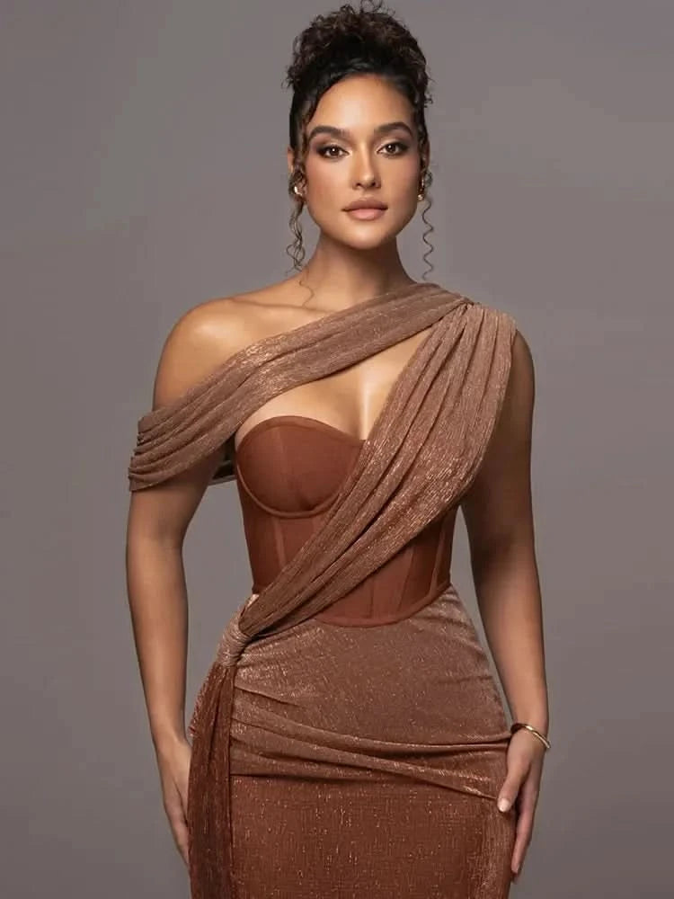 Sexy One Shoulder Draped Glitter Long Dress Women Brown Corset Sparkly Backless Bodycon Maxi Dresses Evening Party Gowns - M & M Global