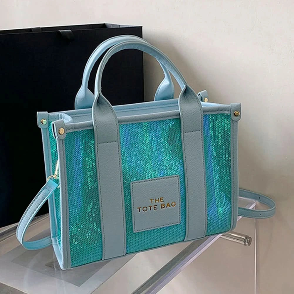 New The Tote Bag Letter Printed Sequins Top-Handle Bag Women Leather Handbag Luxury Designer Glitter Shoulder Crossbody Bag - M & M Global