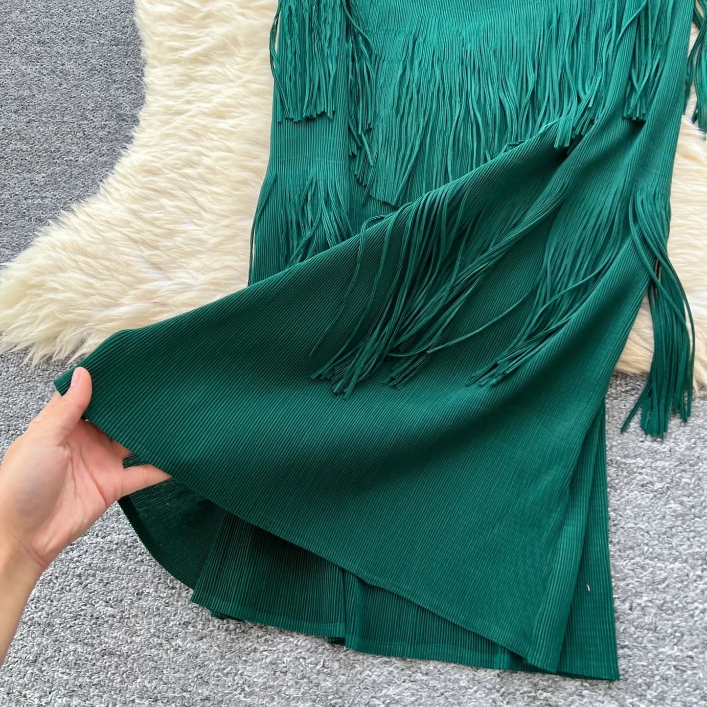 Vintage O-Neck Elegant Long Lantern Sleeve Chic Tassel Slim Long Dress French Fashion Evening High Street Autumn Winter Clothing - M & M Global