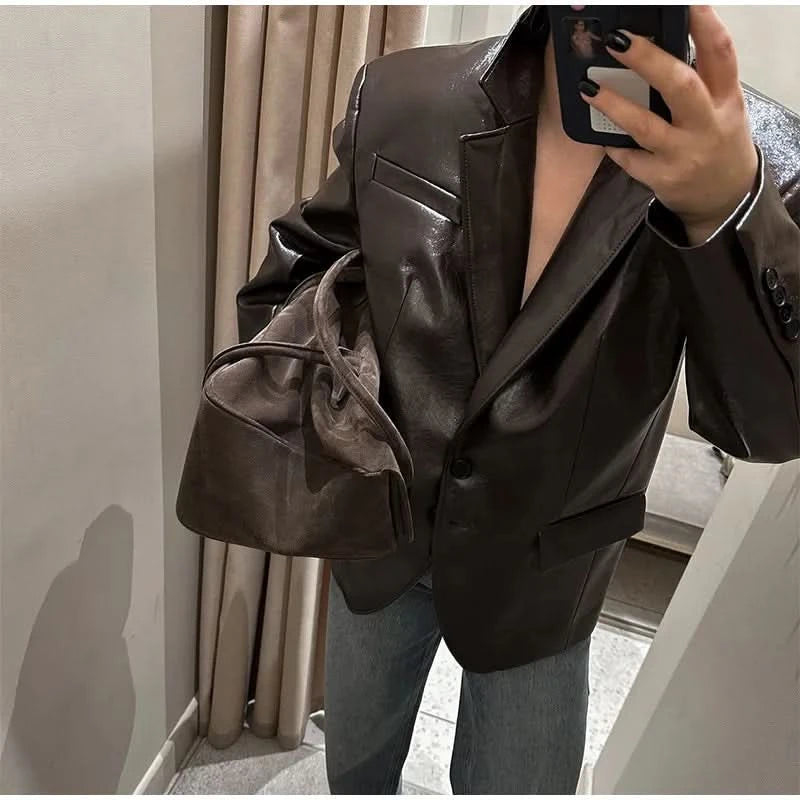 PU Leather Strapless Dresses Coat Women's Two Pieces Set Vintage Tube Sleeveless Slim Long Dress Lapel Jackets Street Outfits - M & M Global