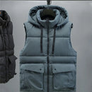 Men's Hooded Vest Winter Zipper Warm Stand Collar Waistcoat Men Cotton Padded Sleeveless Jackets with Big Pockets 2025