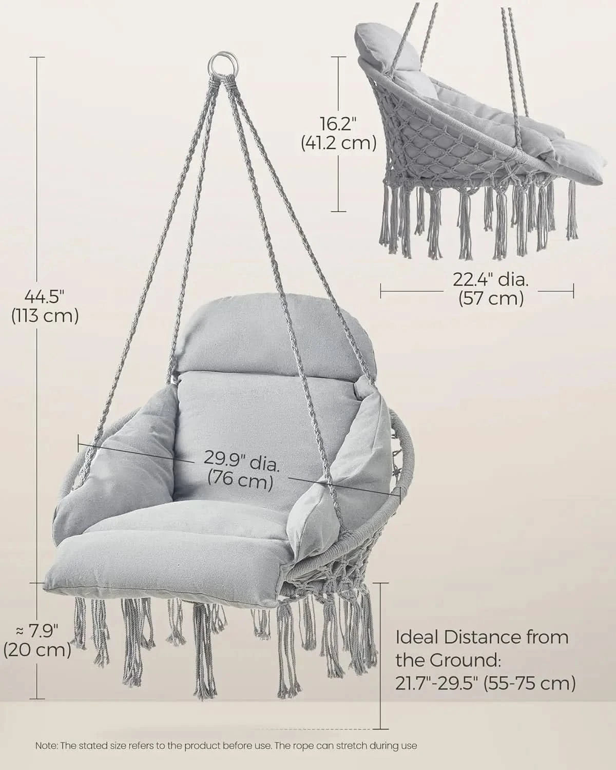 Hanging Chair. Hammock Chair with Thick Cushion. Boho Swing. Holds 264 lb. Accessories Included. Dove Gray. UGDC042G11.