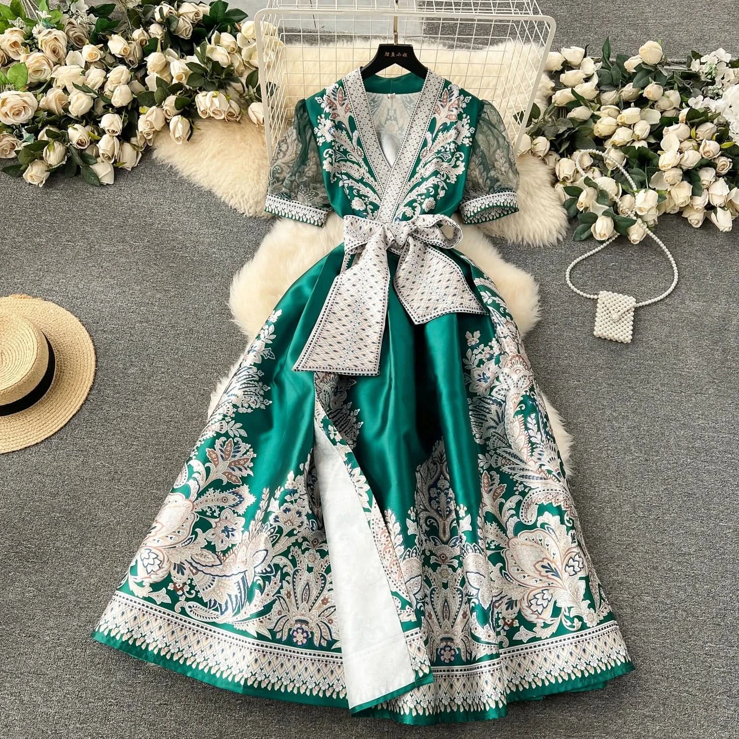 Summer Bohemian Paisley Print Long Dress Women V-Neck Short Puff Sleeve Vintage Print Bandage Lace Up Robe Vestidos Clothes 6237 - M & M Global