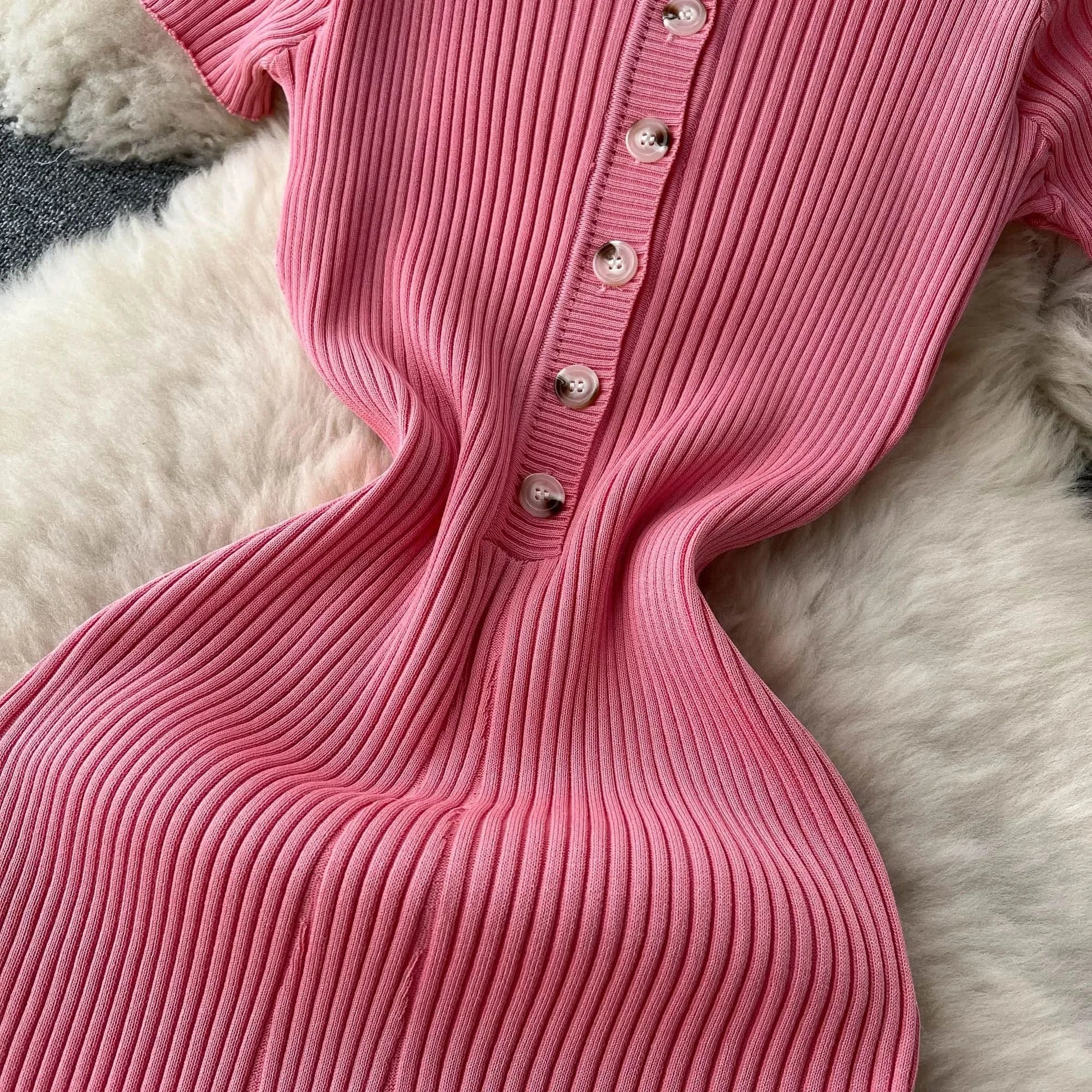Summer Elastic Women Solid Knit Dress Summer Rose Red Retro Loose Sundress Sets 2024 bodycon Streetwear Sheer Beach Long Dress - M & M Global