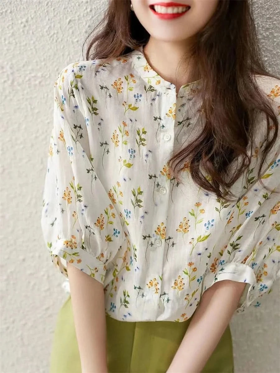 Women Summer Style Blouses Tops Lady Casual Short Puff Sleeve Stand Collar Flower Printed Blusas Tops SP1496 - M & M Global