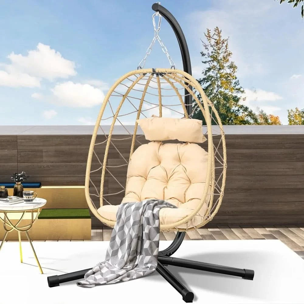 Egg Hanging Swing Chair with Stand Egg Chair Wicker Egg Chair with Cushions 330lbs for Patio, Bedroom, Garden and Balcony