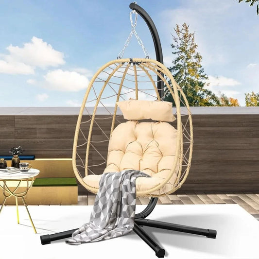 Egg Hanging Swing Chair with Stand Egg Chair Wicker Egg Chair with Cushions 330lbs for Patio, Bedroom, Garden and Balcony