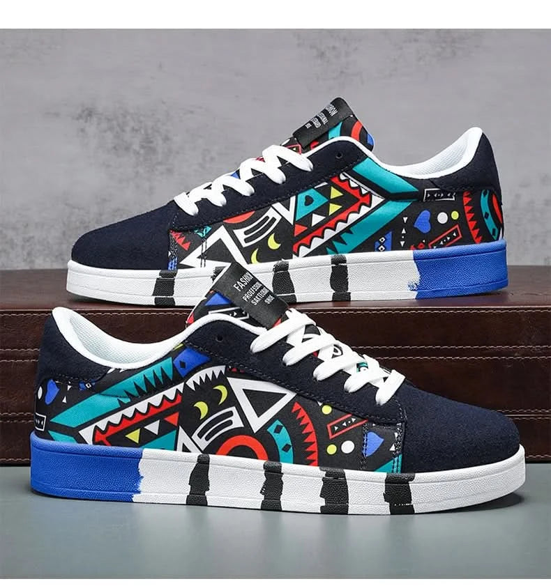YRZL Men's Sports Running Shoes Canvas Geometric Style Lace-Up Sneakers Couples' Fashionable Graffiti Print Skate Shoes Men - M & M Global