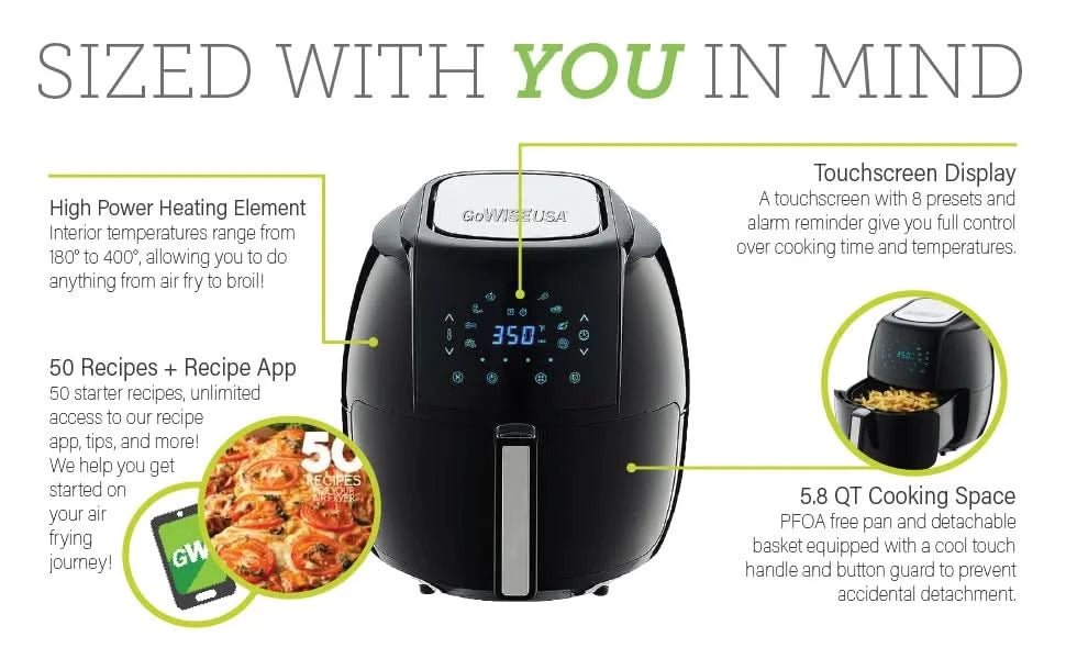 1700-Watt 5.8-QT 8-in-1 Digital Air Fryer with Recipe Book, Black - M & M Global