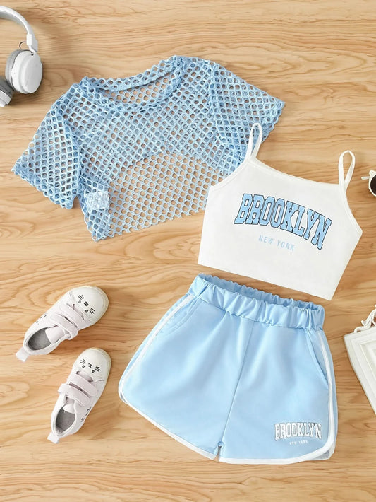 Girls Three-Piece Clothing New Breathable Summer Thin Fashion Short-Sleeved Mesh Top + Letter Printed Short Vest Suspender + Letter Printed Sports Shorts - M & M Global