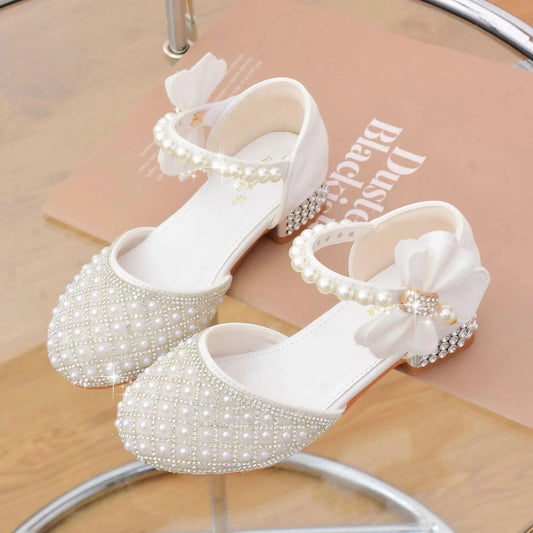 Rhinestones Princess Party Shoes Shiny Crystal Bow White Children High Heels Girls Sandals Summer Kids Student Performance Shoes - M & M Global