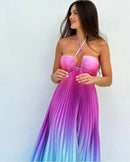 Women Chic Gradient Print Halter Neck Pleated Beach Long Dress Fashionable Long Dress Sexy Hollow Out Vacation Maxi Dress Outfit - M & M Global