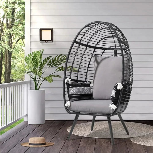 Wicker Egg Chair, Oversized Indoor Outdoor Lounger Large Egg Basket Chair with Stand and Cushions for Patio Porch, Backyar
