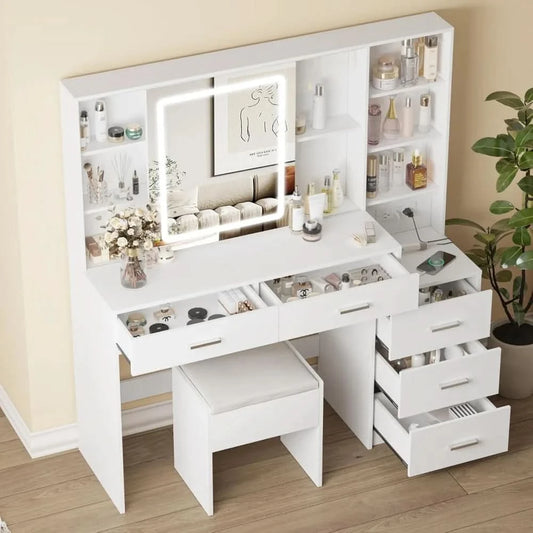 Vanity Desk with Mirror and Lights, Makeup Vanity with 5 Drawers, Makeup Desk with Charging Station and Ample Storage, Dressing