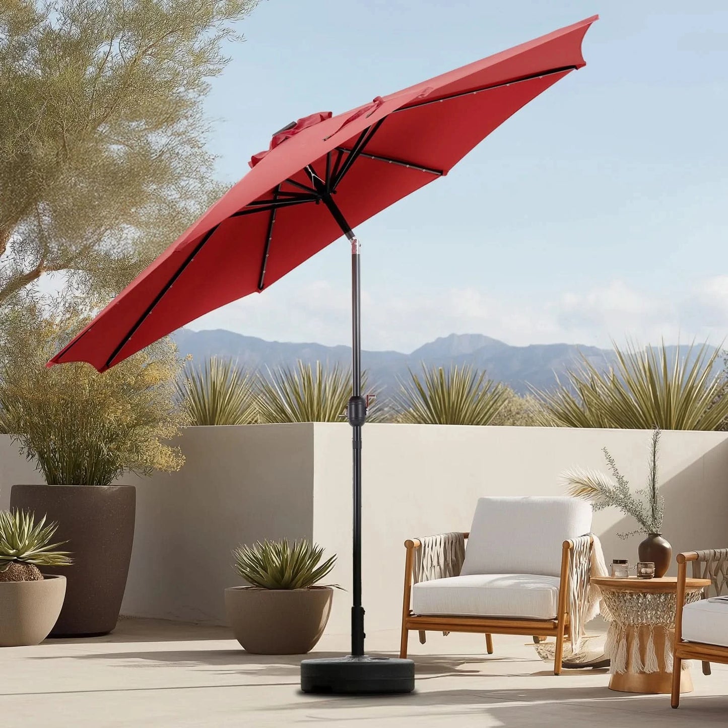 JHK 10FT Solar Patio Umbrella with 32 LED Lights UV-Resistant Outdoor Table Umbrella with Tilt and Crank for Backyard Garden