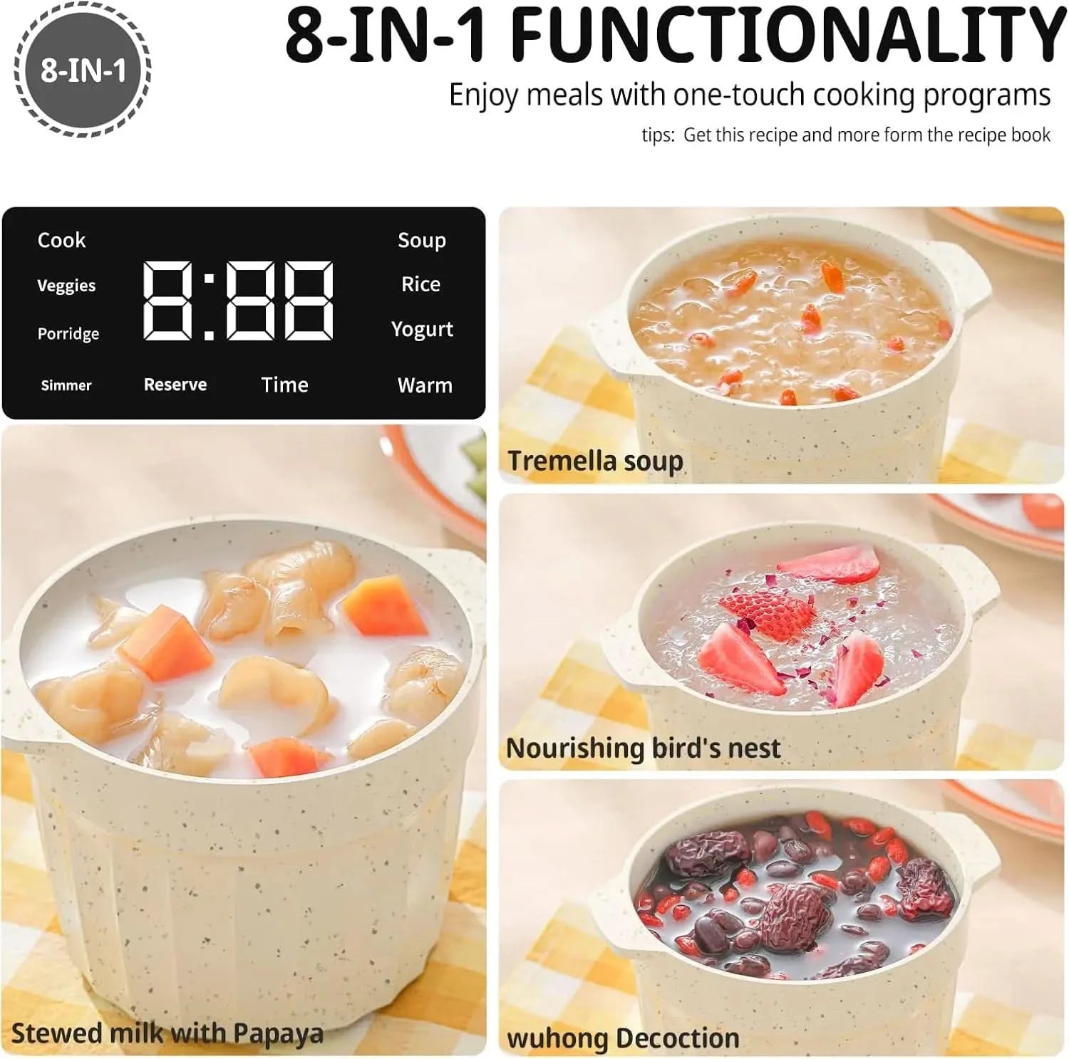Slow Cooker White, Small Slow cooker 1QT, Smart Appointment, Ceramic Interior pot, Automatic Multi-function Rice Cooker, Elecric - M & M Global