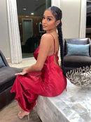 Sibybo Sexy Spaghetti Strap Backless Satin Dress Women Y2K Blue Lace Up Trumpet Long Dress Elegant Bodycon Party Dresses 2022 - M & M Global