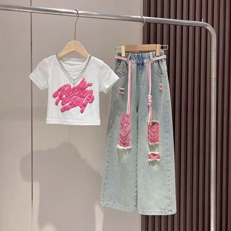 Girls Summer New Short-Sleeved T-Shirt Jeans Big Boy Colorful Denim Ripped Pants Suit Children's Top Foreign Wide-Legged Pants - M & M Global