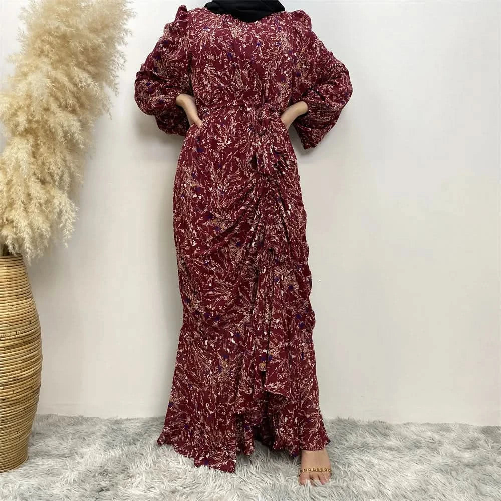 Muslim Women's dress Casual print bark crepe long dress Zipper collar long sleeves loose Muslim maxi dress - M & M Global