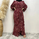 Muslim Women's dress Casual print bark crepe long dress Zipper collar long sleeves loose Muslim maxi dress - M & M Global