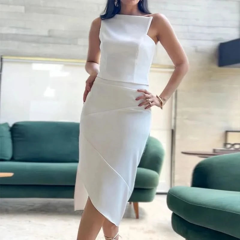 Ellafads Long Dress Women Summer Casual Trending Sleeveless Solid Irregular Backless Slim Nipped Waist Party Long Dress - M & M Global