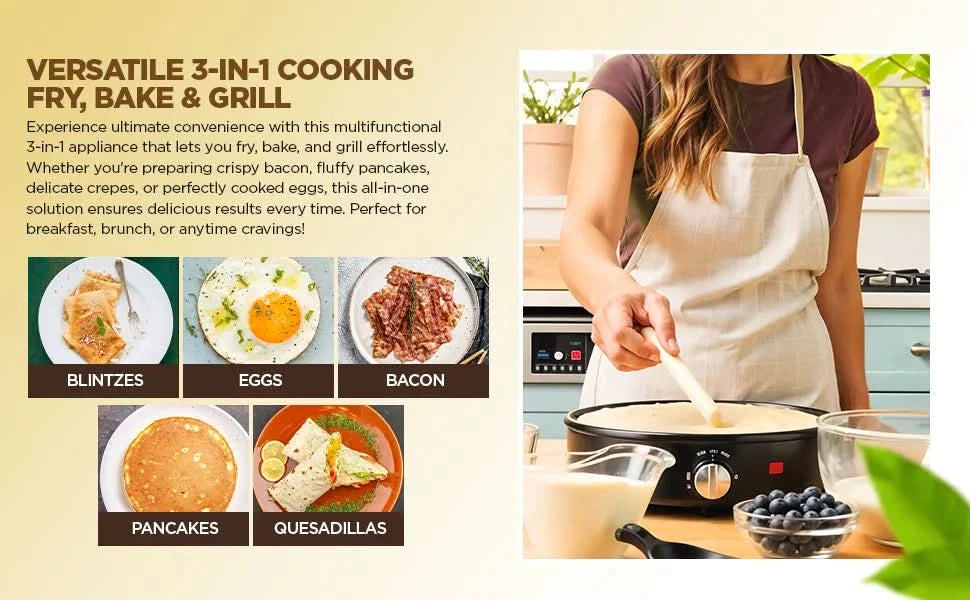 Electric Crepe Maker, Nonstick Multi-Function Tortilla Machine, Ideal for Crepes, Pancakes & Roti, Wooden Spatula & Batter Sprea - M & M Global