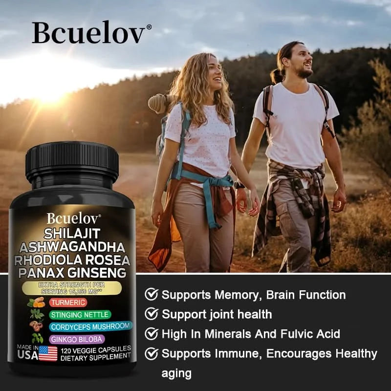 Shilajit Resin Himalaya Capsules - 15250 mg - Combination of Ashwagandha, Ginseng, Cordyceps, Ginkgo, Turmeric - M & M Global