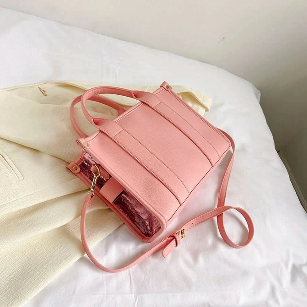 New The Tote Bag Letter Printed Sequins Top-Handle Bag Women Leather Handbag Luxury Designer Glitter Shoulder Crossbody Bag - M & M Global