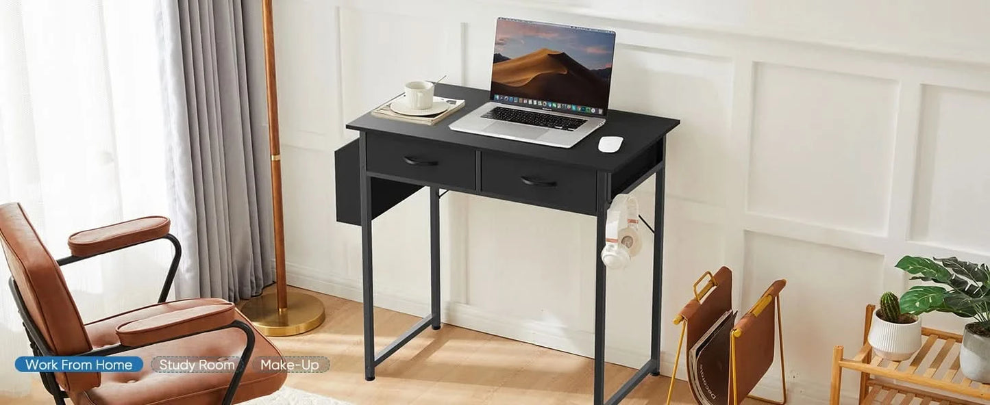 JHK 32 Inch Modern Office Computer Desk with Fabric Storage Drawers Space Side Bag Metal Frame Adjustable Feet For Home PC Table