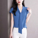 Bow Tie Blouse Shirt for Women OL Elegant Blouses Satin Womens Tops Silk Female Clothing 2023 Korean Fashion Short Sleeve Blouse - M & M Global