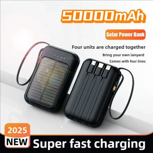 Solar Power Bank Built 4 Cables Portable Charger External Spare Battery Mini Powerbank with LED Light for IPhone Xiaomi Huawei - M & M Global