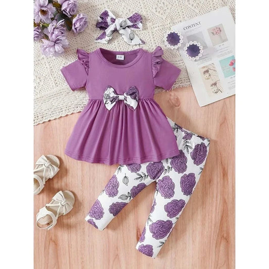 0-3 Years Baby Girl 3PCS Clothes Set Purple Short Sleeved Top+Floral Pants+Headband Fashion Toddler Girl Summer Daily Outfits - M & M Global