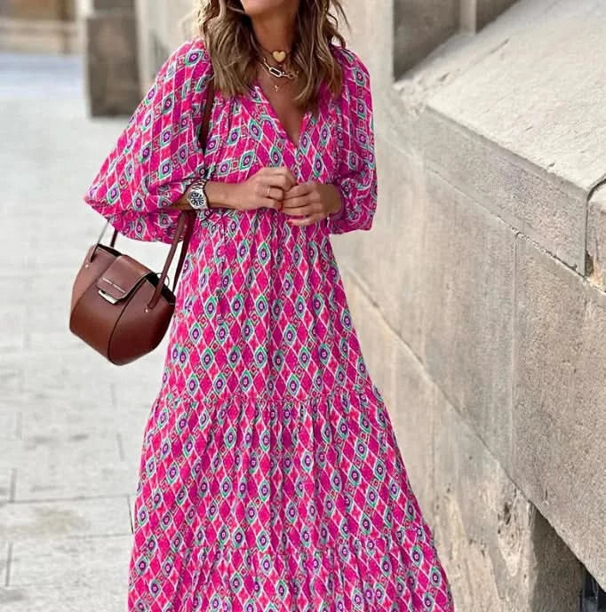 Summer Puff Sleeve Long Dress Women Geometric Print Half Sleeve Dress Boho V-Neck Loose Holiday Beach Dress Vestidos - M & M Global